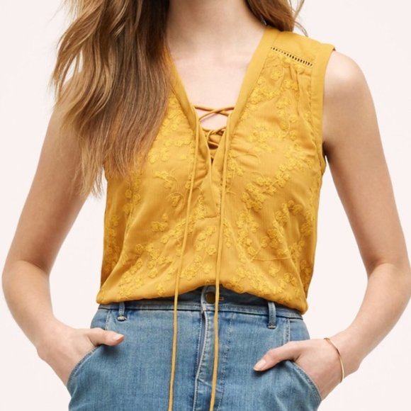 Maeve Tops - Maeve Anthro mustard embroidered lace up tank